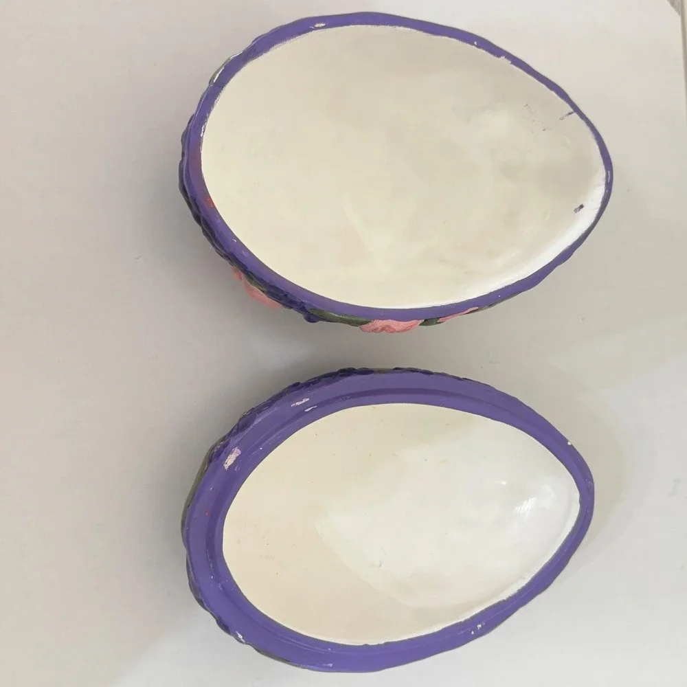 VTG 70s Ceramic Egg Trinket Box Floral Roses Hydrangea Purple‎ Easter Egg Decor